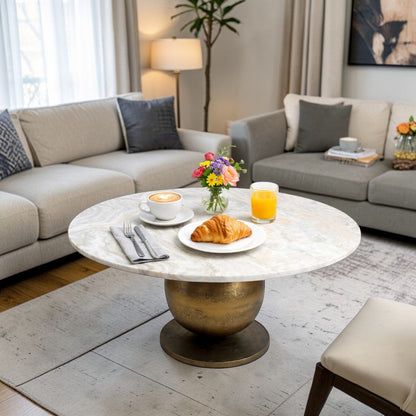 Luxury Marble Top Coffee Table with Metal Base (36 Inch Dia, 16.5 Inch Height) | Modern Center Table for Living Room