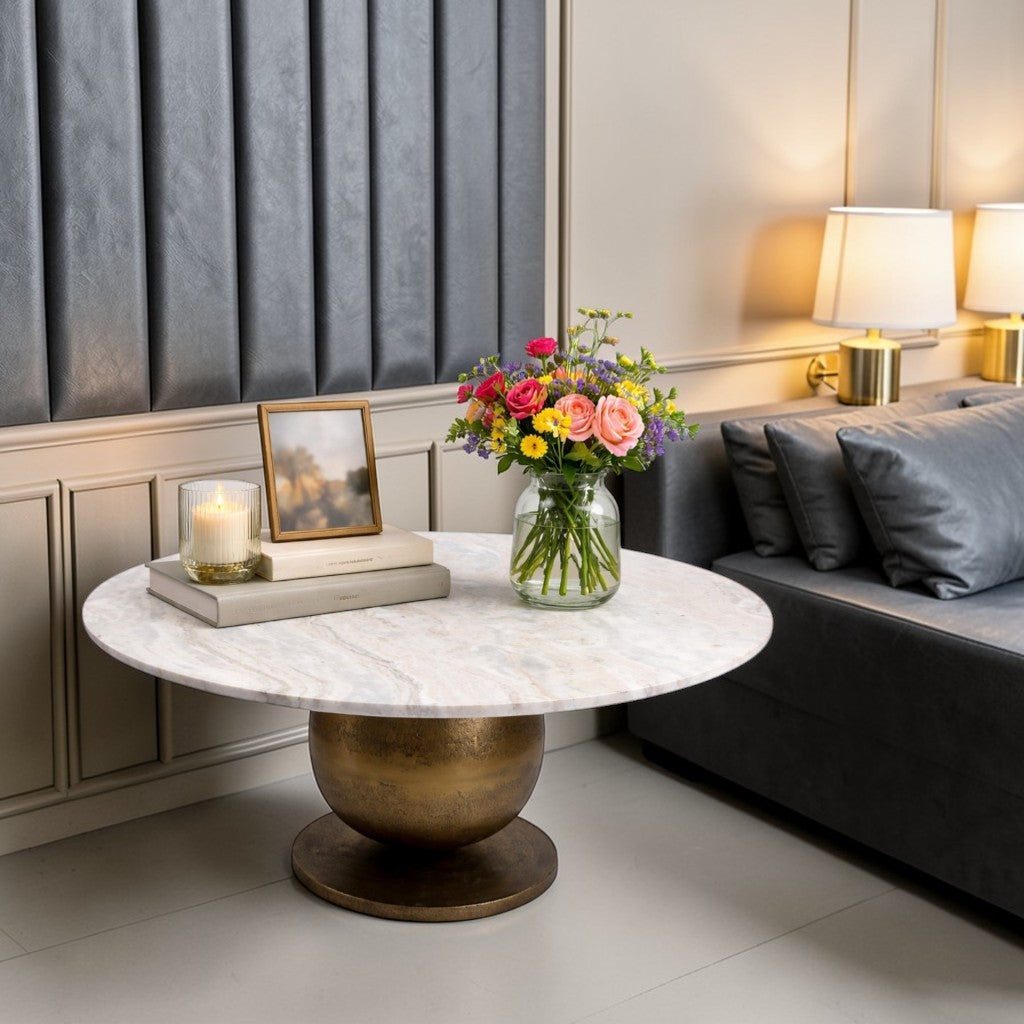 Luxury Marble Top Coffee Table with Metal Base (36 Inch Dia, 16.5 Inch Height) | Modern Center Table for Living Room