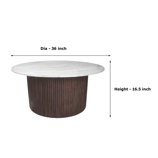 Modern Marble Top Coffee Table with Fluted Wooden Base (36 Inch Dia, 16.5 Inch Height) | Designer Center Table