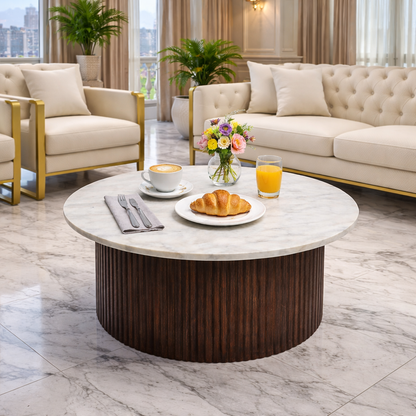 Modern Marble Top Coffee Table with Fluted Wooden Base (36 Inch Dia, 16.5 Inch Height) | Designer Center Table