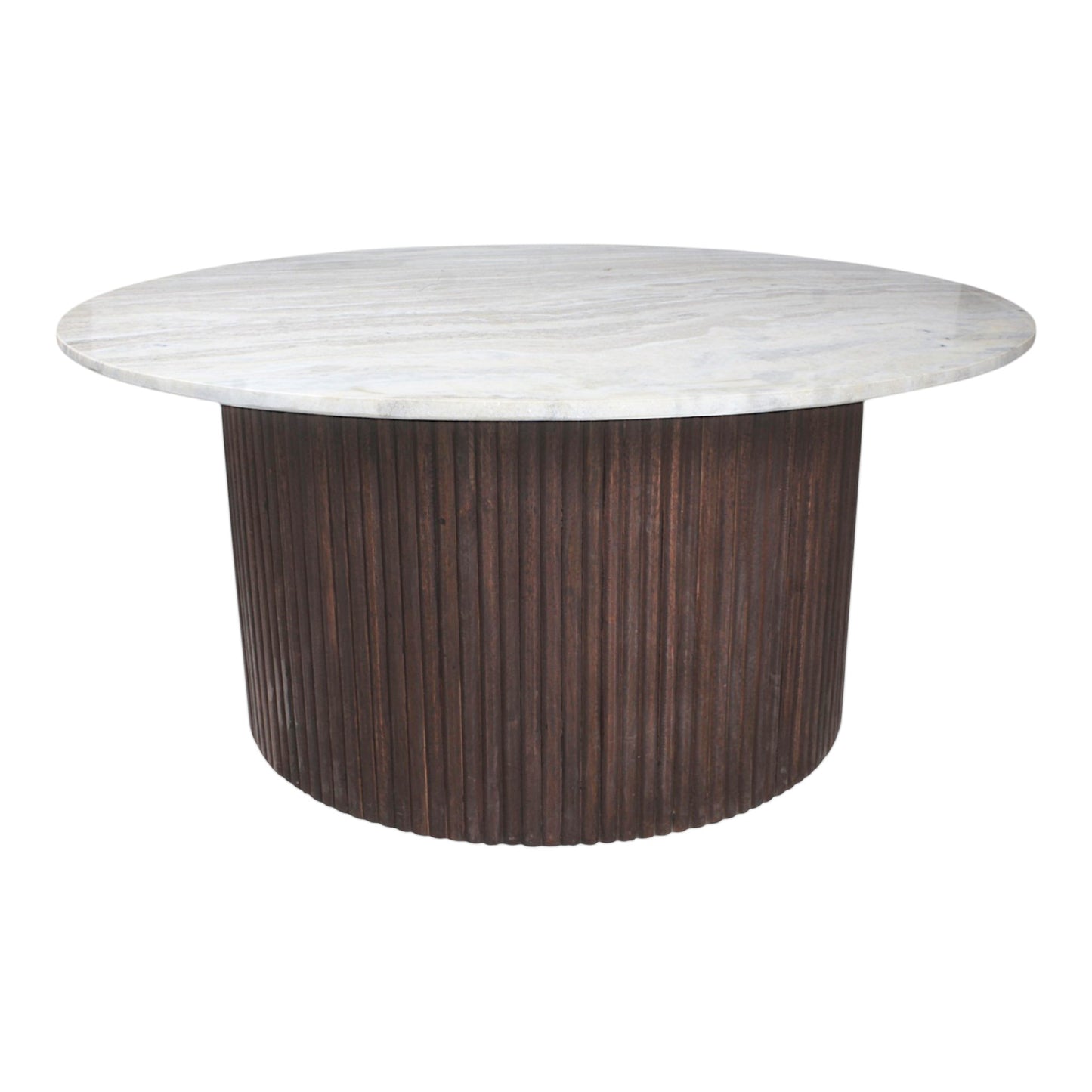 Modern Marble Top Coffee Table with Fluted Wooden Base (36 Inch Dia, 16.5 Inch Height) | Designer Center Table