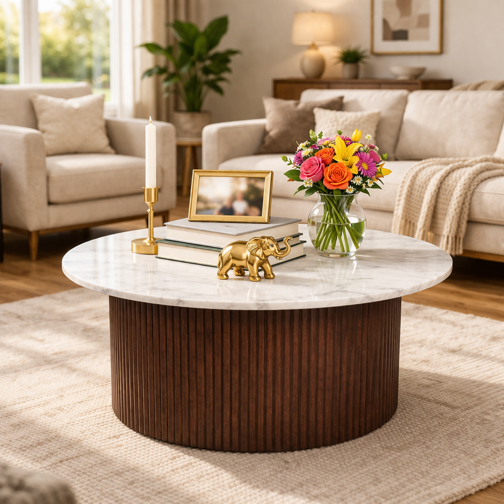 Modern Marble Top Coffee Table with Fluted Wooden Base (36 Inch Dia, 16.5 Inch Height) | Designer Center Table