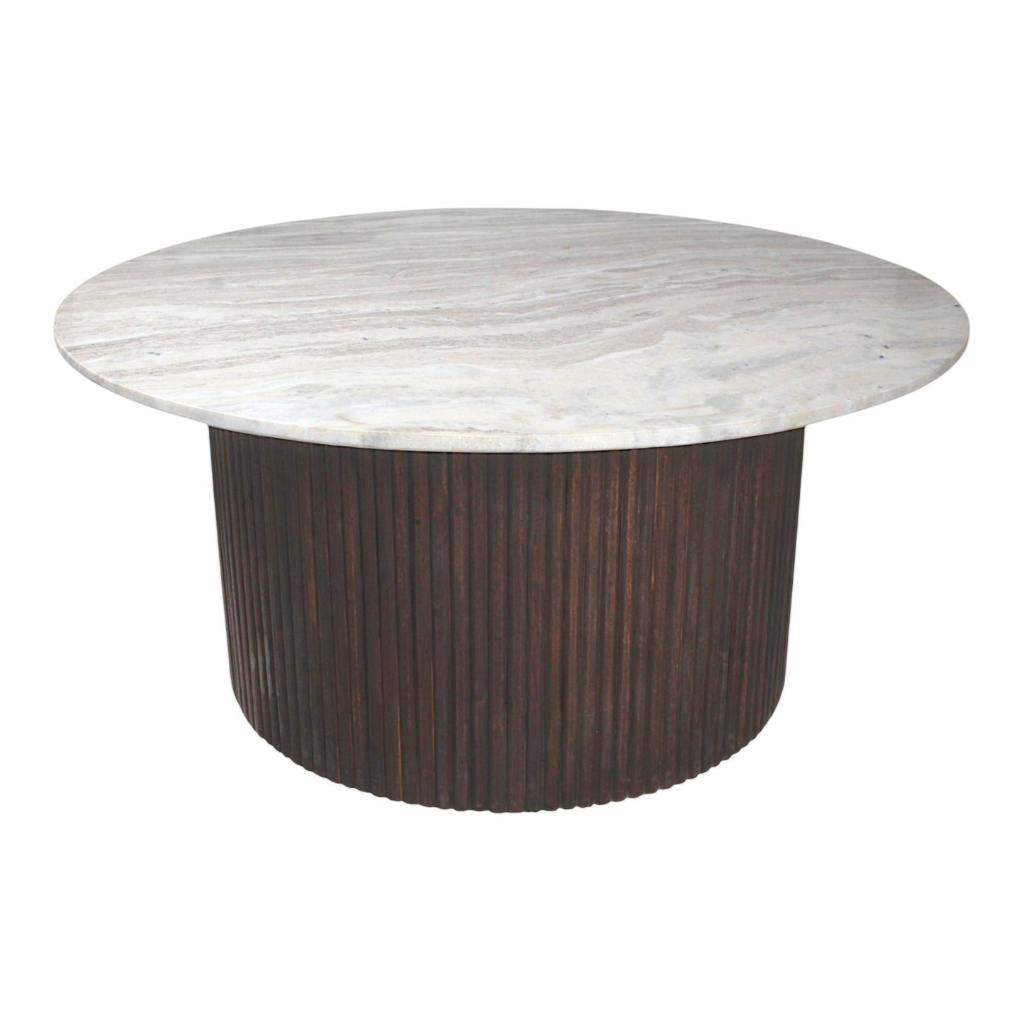Modern Marble Top Coffee Table with Fluted Wooden Base (36 Inch Dia, 16.5 Inch Height) | Designer Center Table