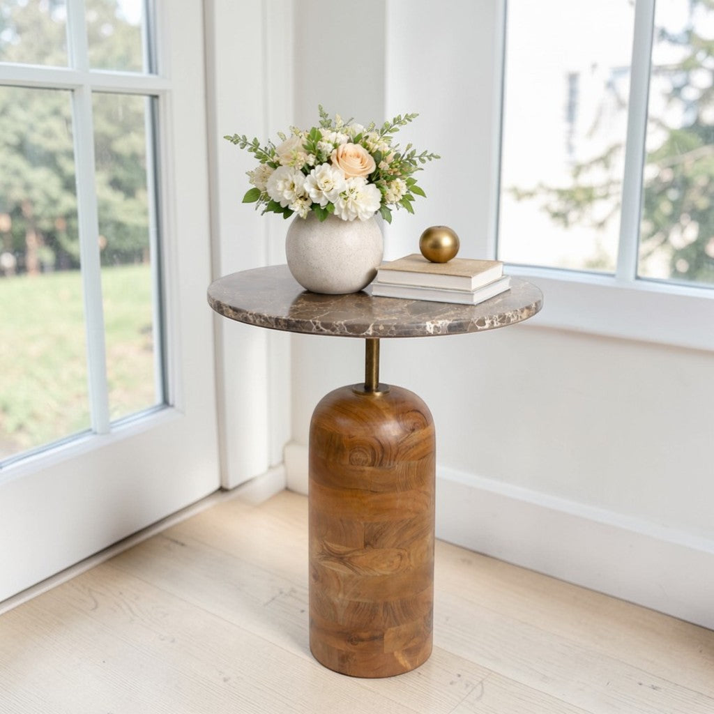 Marble Top Side Table with Wooden Base (18")