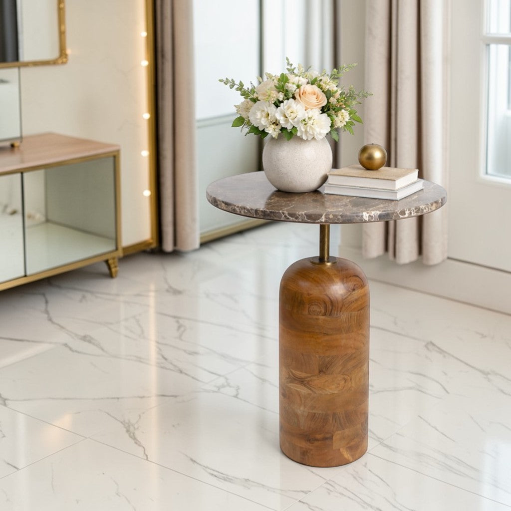Marble Top Side Table with Wooden Base (18")