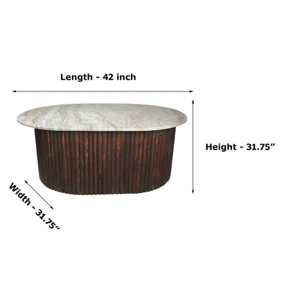 Luxury Marble Top Dining Table with Fluted Wooden Base (42 x 31.75 Inch) | Modern Oval Dining / Statement Table