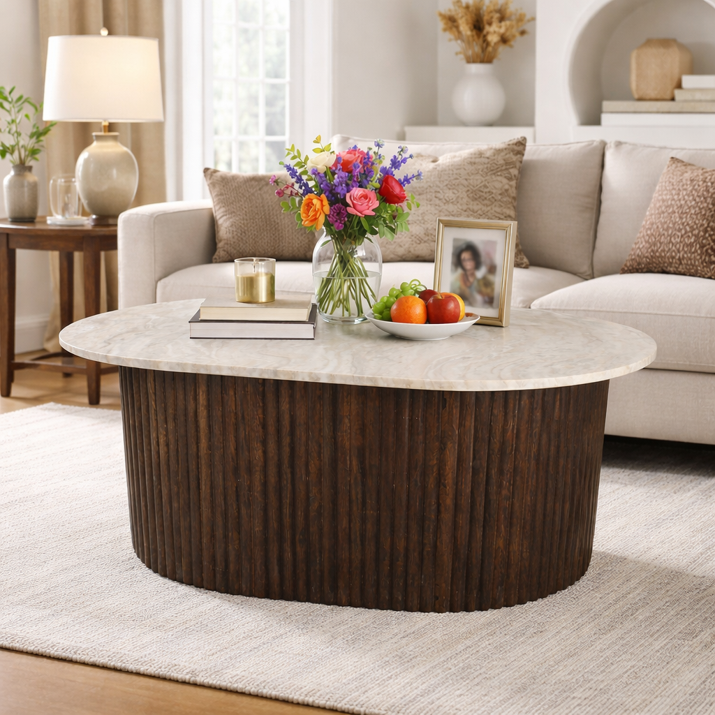 Luxury Marble Top Dining Table with Fluted Wooden Base (42 x 31.75 Inch) | Modern Oval Dining / Statement Table