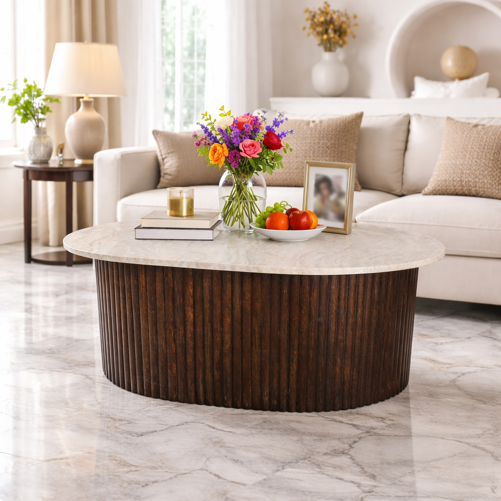 Luxury Marble Top Dining Table with Fluted Wooden Base (42 x 31.75 Inch) | Modern Oval Dining / Statement Table