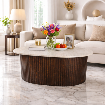 Luxury Marble Top Dining Table with Fluted Wooden Base (42 x 31.75 Inch) | Modern Oval Dining / Statement Table
