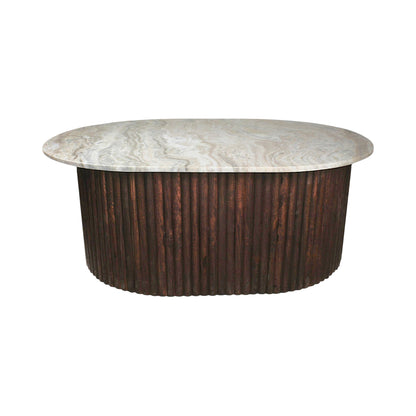 Luxury Marble Top Dining Table with Fluted Wooden Base (42 x 31.75 Inch) | Modern Oval Dining / Statement Table