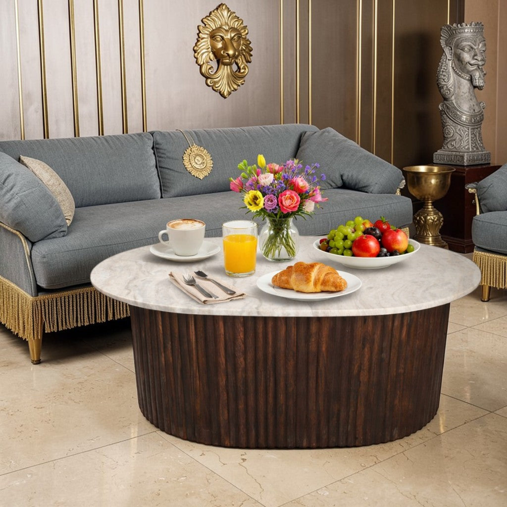 Luxury Marble Top Dining Table with Fluted Wooden Base (42 x 31.75 Inch) | Modern Oval Dining / Statement Table
