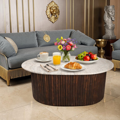Luxury Marble Top Dining Table with Fluted Wooden Base (42 x 31.75 Inch) | Modern Oval Dining / Statement Table