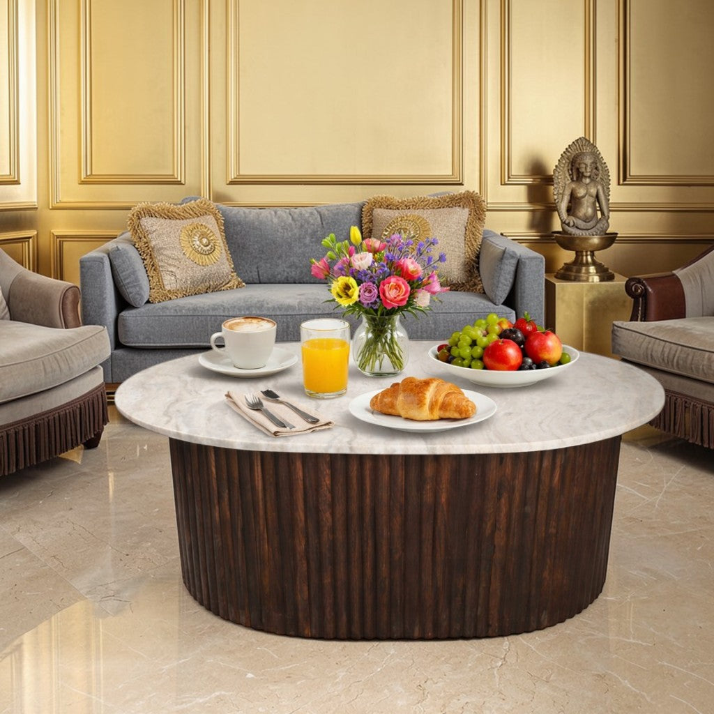 Luxury Marble Top Dining Table with Fluted Wooden Base (42 x 31.75 Inch) | Modern Oval Dining / Statement Table