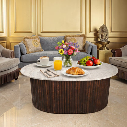 Luxury Marble Top Dining Table with Fluted Wooden Base (42 x 31.75 Inch) | Modern Oval Dining / Statement Table