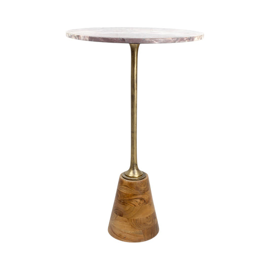 16 Inch Marble Top Accent Table with Solid Wooden Base & Metal Stem | Tall Modern Pedestal Side Table (26 Inch Height)