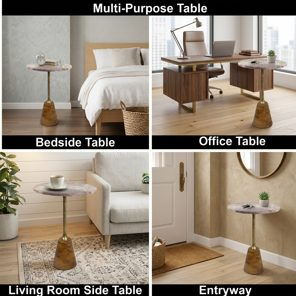 16 Inch Marble Top Accent Table with Solid Wooden Base & Metal Stem | Tall Modern Pedestal Side Table (26 Inch Height)