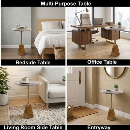 16 Inch Marble Top Accent Table with Solid Wooden Base & Metal Stem | Tall Modern Pedestal Side Table (26 Inch Height)