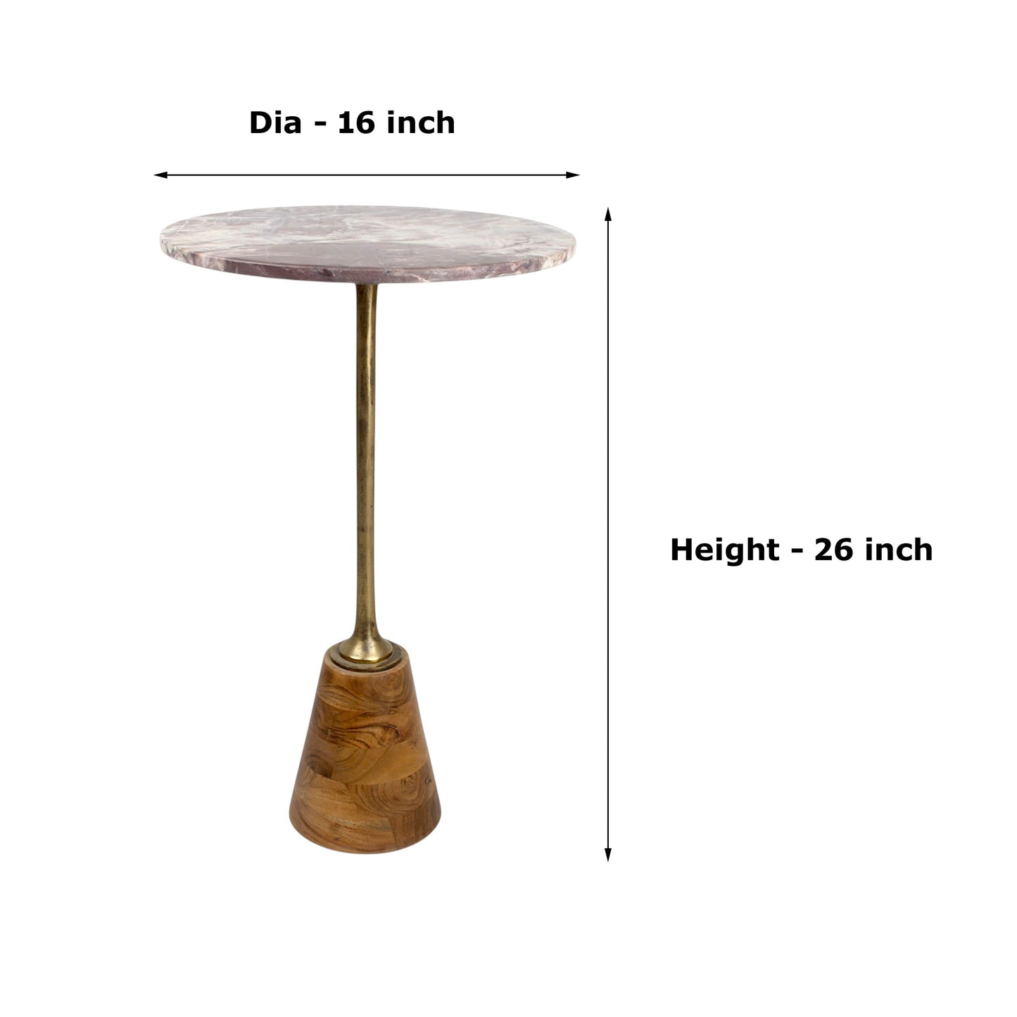 16 Inch Marble Top Accent Table with Solid Wooden Base & Metal Stem | Tall Modern Pedestal Side Table (26 Inch Height)