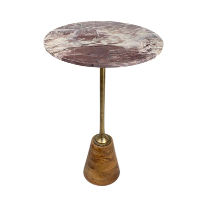 16 Inch Marble Top Accent Table with Solid Wooden Base & Metal Stem | Tall Modern Pedestal Side Table (26 Inch Height)