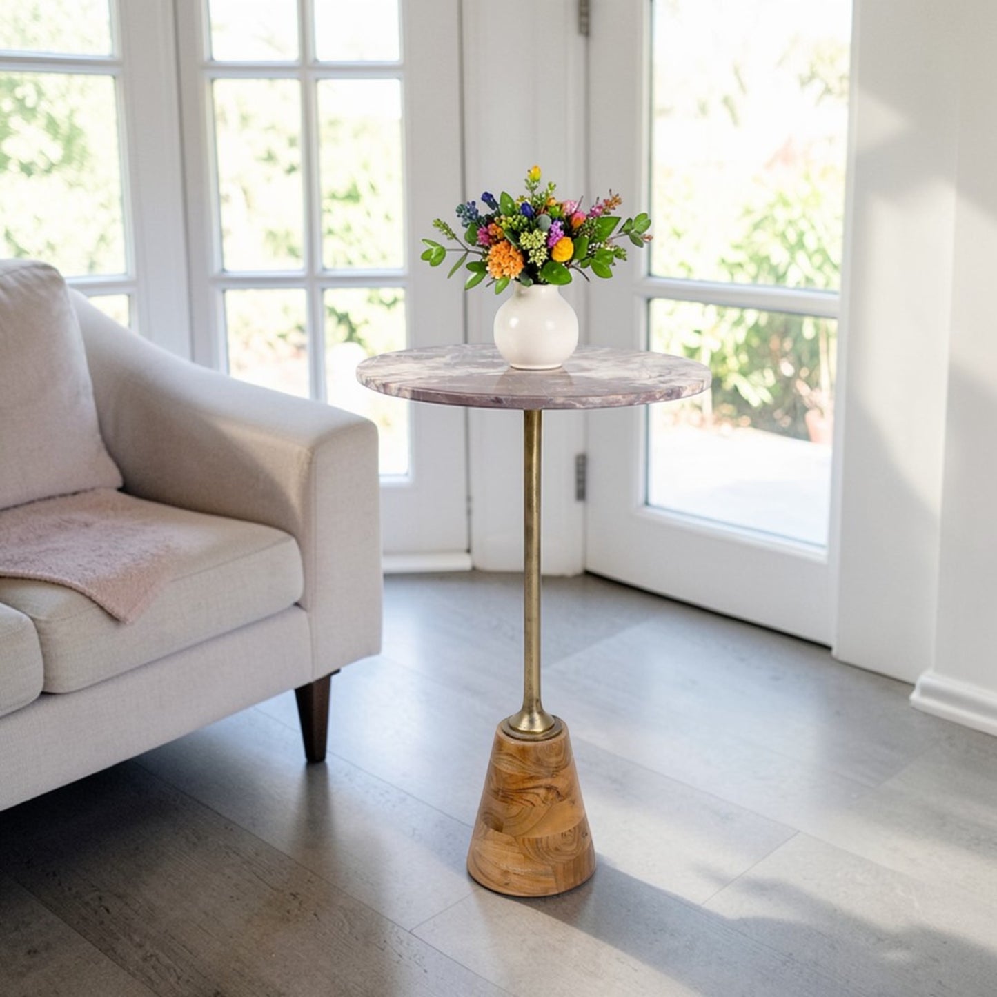16 Inch Marble Top Accent Table with Solid Wooden Base & Metal Stem | Tall Modern Pedestal Side Table (26 Inch Height)