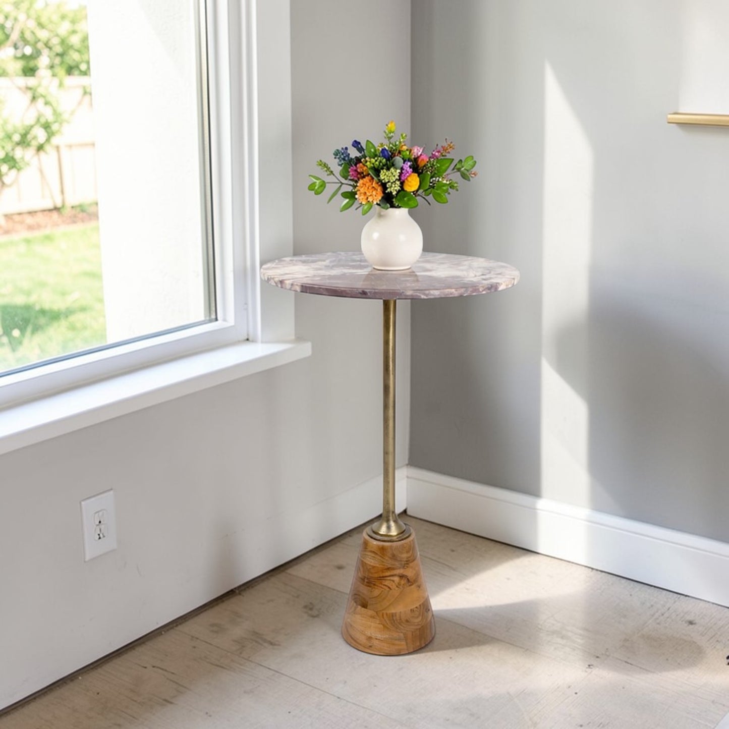 16 Inch Marble Top Accent Table with Solid Wooden Base & Metal Stem | Tall Modern Pedestal Side Table (26 Inch Height)