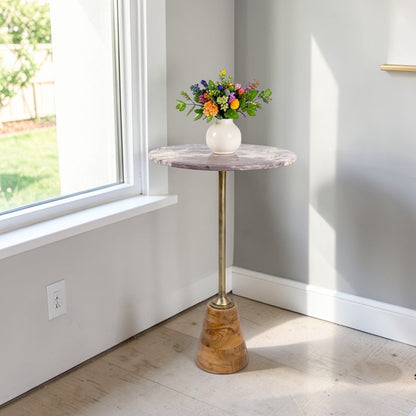 16 Inch Marble Top Accent Table with Solid Wooden Base & Metal Stem | Tall Modern Pedestal Side Table (26 Inch Height)