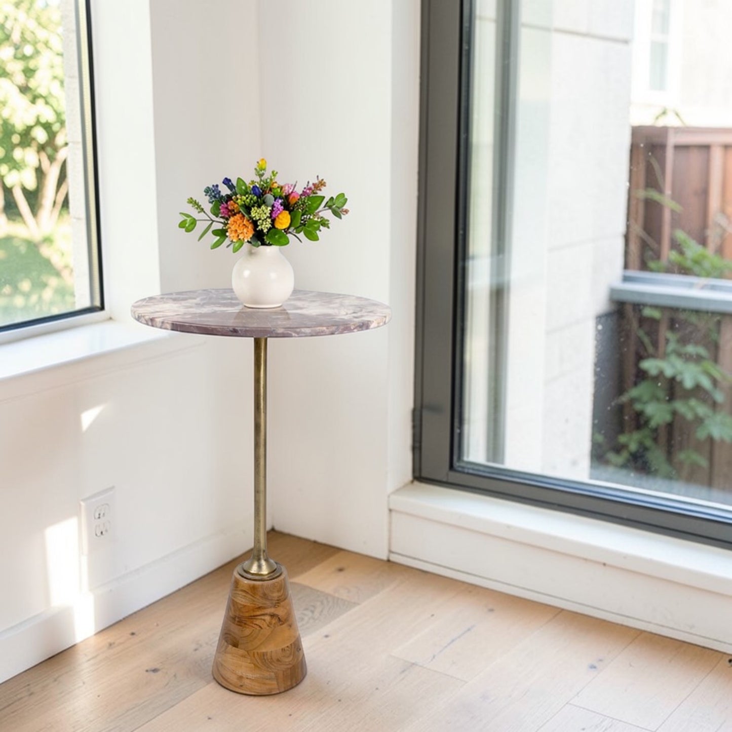 16 Inch Marble Top Accent Table with Solid Wooden Base & Metal Stem | Tall Modern Pedestal Side Table (26 Inch Height)