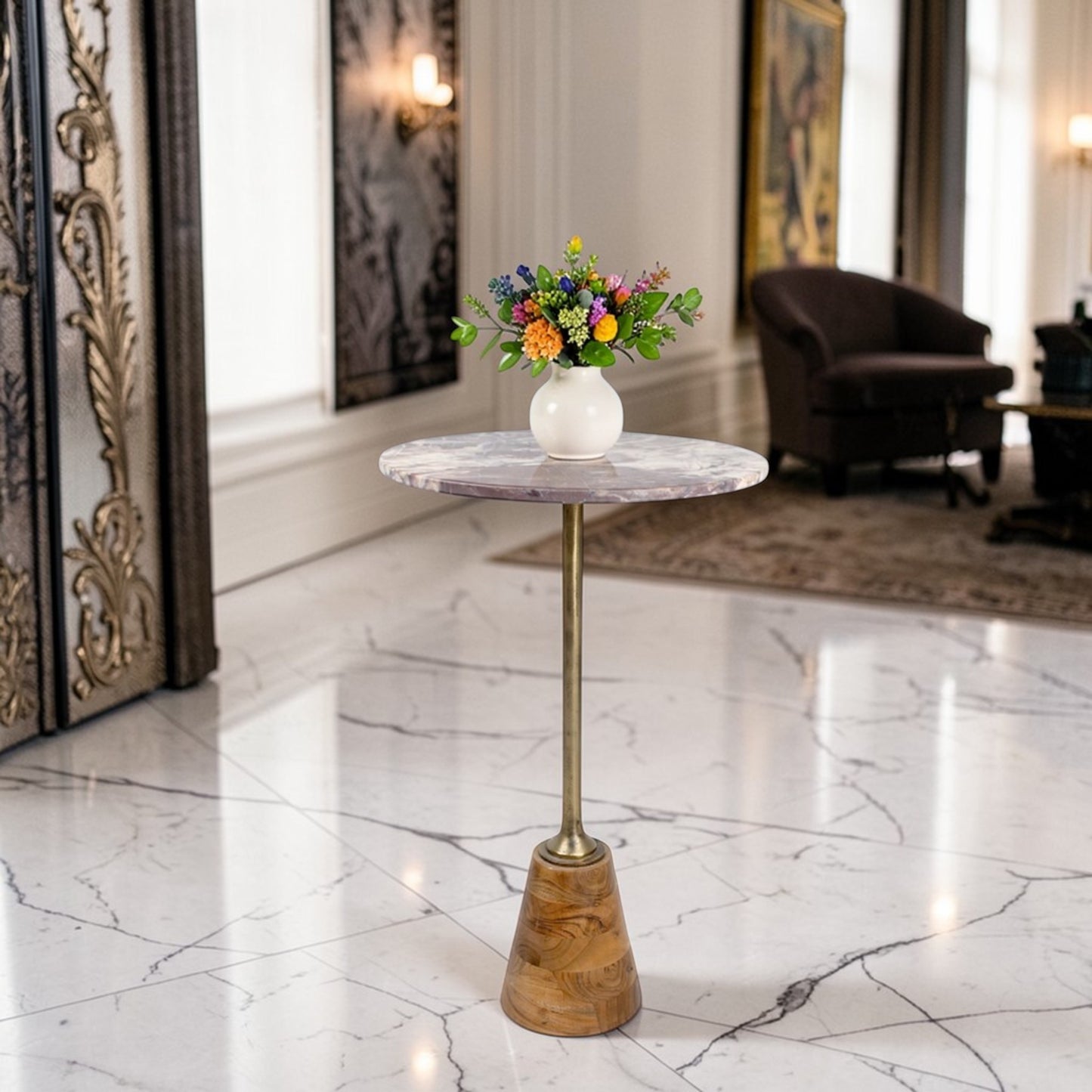 16 Inch Marble Top Accent Table with Solid Wooden Base & Metal Stem | Tall Modern Pedestal Side Table (26 Inch Height)