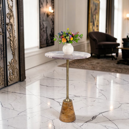 16 Inch Marble Top Accent Table with Solid Wooden Base & Metal Stem | Tall Modern Pedestal Side Table (26 Inch Height)