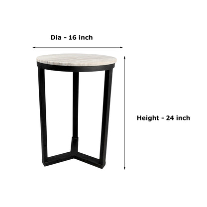16 Inch Marble Top Side Table with Black Metal Frame | Modern Industrial Accent Table (24 Inch Height)
