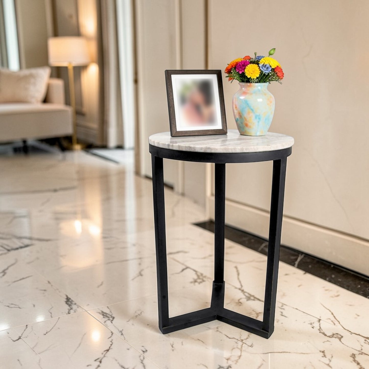 16 Inch Marble Top Side Table with Black Metal Frame | Modern Industrial Accent Table (24 Inch Height)