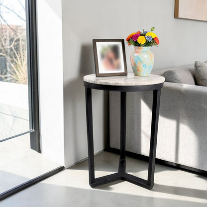 16 Inch Marble Top Side Table with Black Metal Frame | Modern Industrial Accent Table (24 Inch Height)