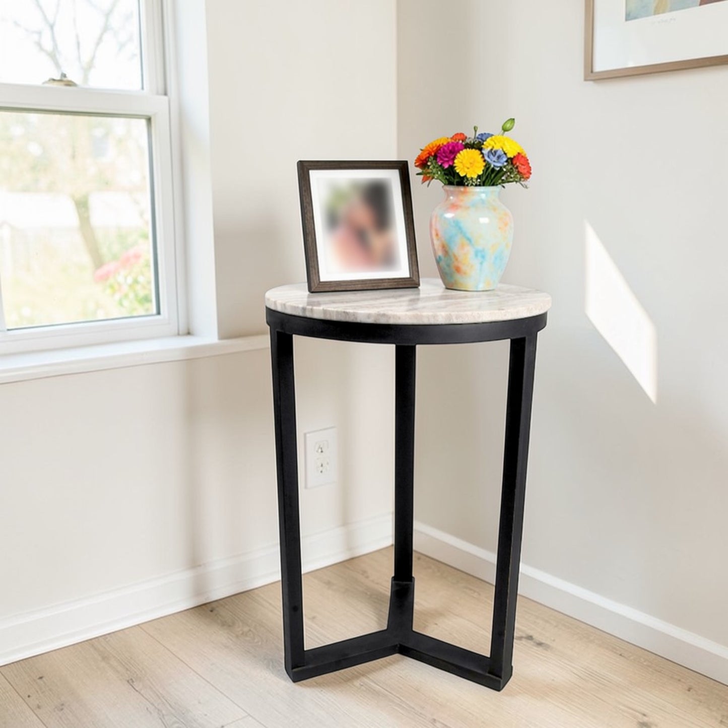 16 Inch Marble Top Side Table with Black Metal Frame | Modern Industrial Accent Table (24 Inch Height)