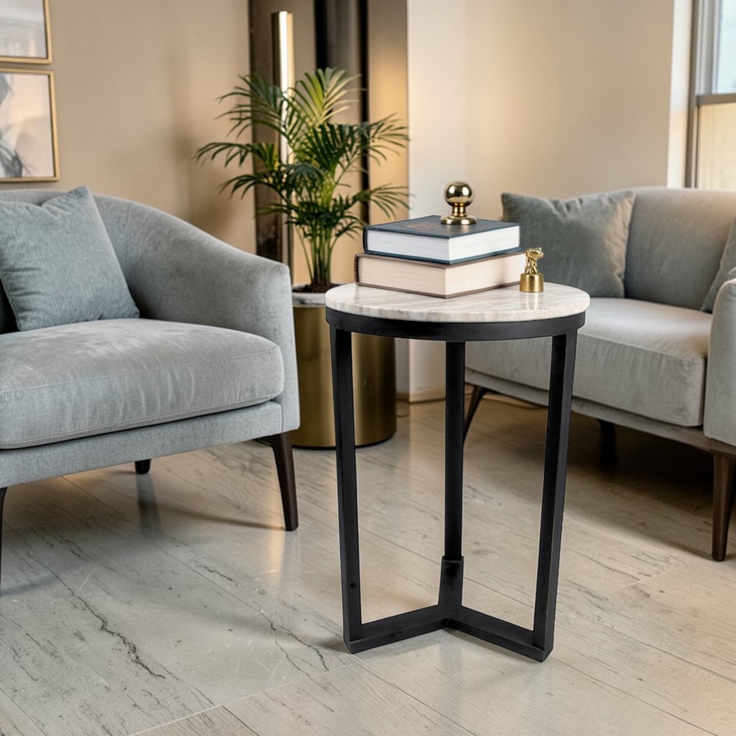16 Inch Marble Top Side Table with Black Metal Frame | Modern Industrial Accent Table (24 Inch Height)