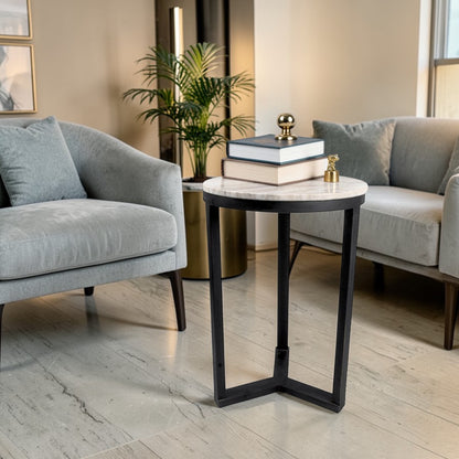 16 Inch Marble Top Side Table with Black Metal Frame | Modern Industrial Accent Table (24 Inch Height)