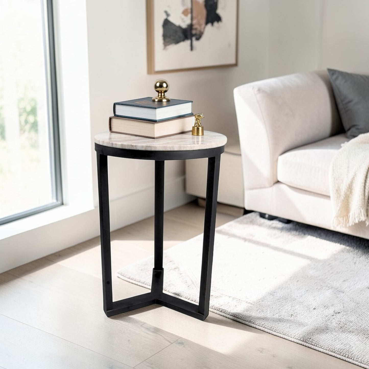 16 Inch Marble Top Side Table with Black Metal Frame | Modern Industrial Accent Table (24 Inch Height)