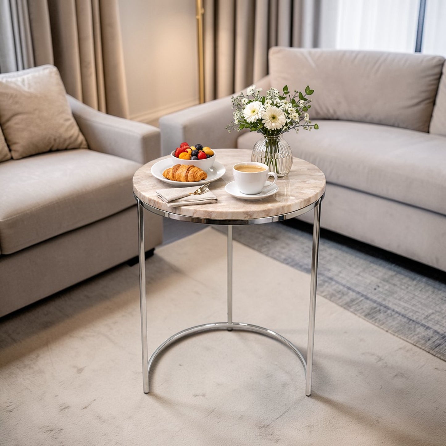 17.5 Inch Marble Top Side Table with Stainless Steel Frame | Modern Luxury Accent Table (23.5 Inch Height)