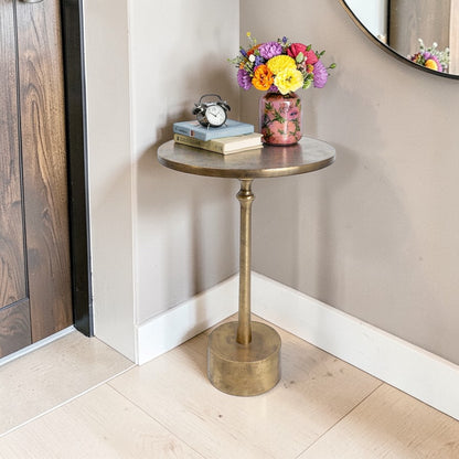 13.75 Inch Metal Accent Table | Classic Pedestal Side Table for Home Decor (21 Inch Height)