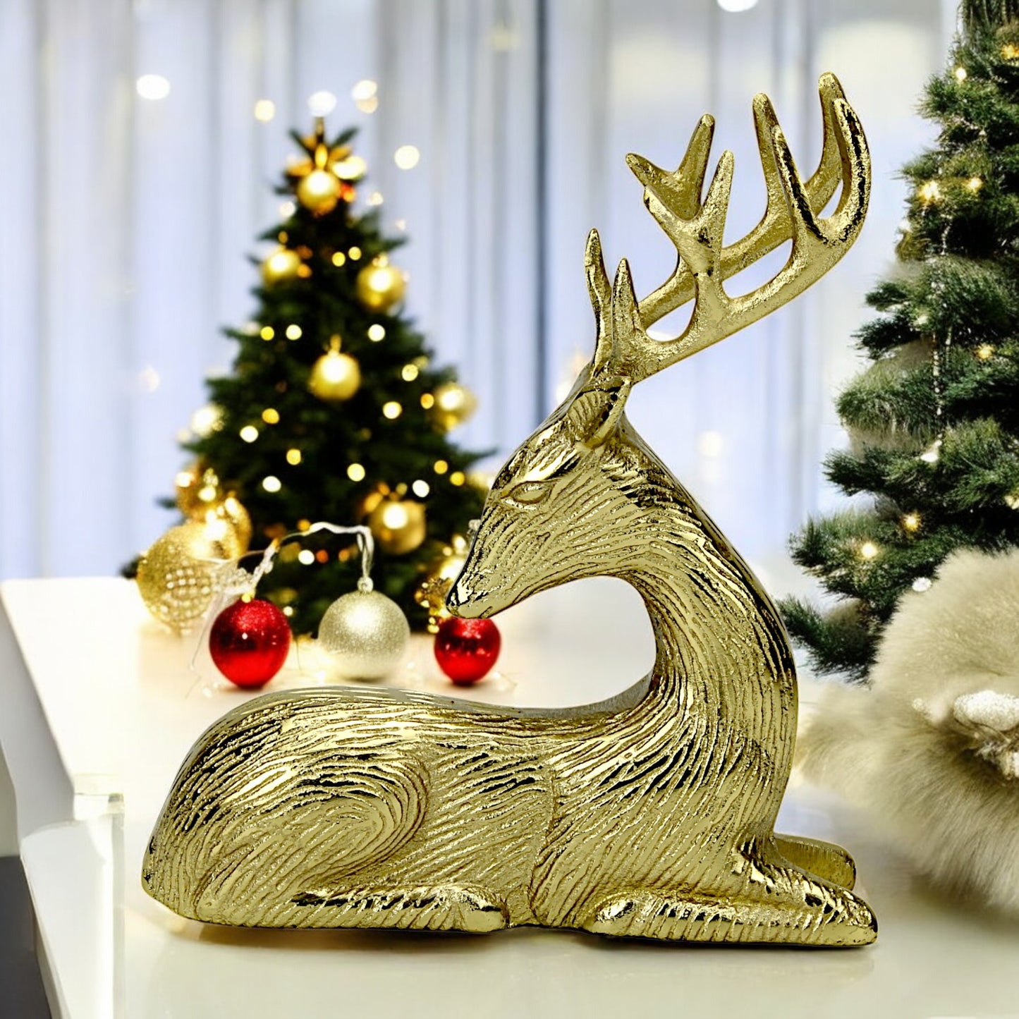 Golden Aluminum Handcrafted Sitting Deer – Elegant Christmas & Holiday Decor | Hind Decor