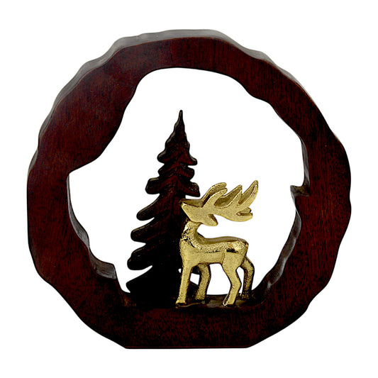 Golden Handcrafted Aluminum Christmas Deer with Wooden Circle – Elegant Holiday Decor | Hind Decor