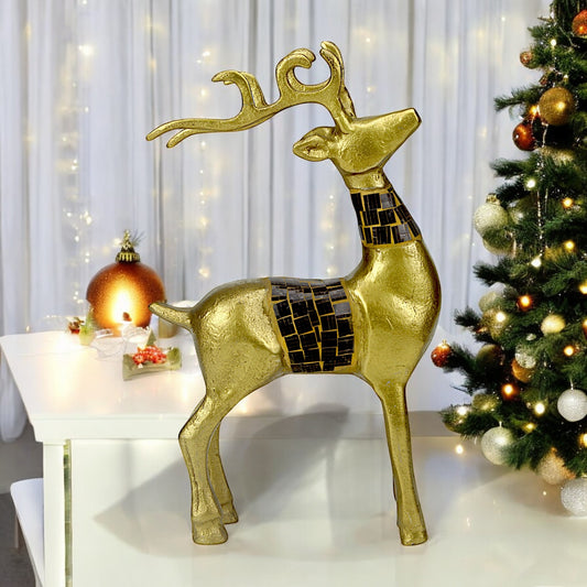 Golden Handcrafted Mosaic Finish Aluminum Christmas Reindeer – Elegant Holiday Decor | Hind Decor