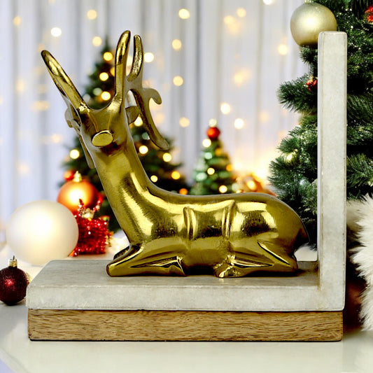Handcrafted Golden Aluminum Sitting Reindeer Bookend on Wooden Base – Elegant Holiday Decor | Hind Decor