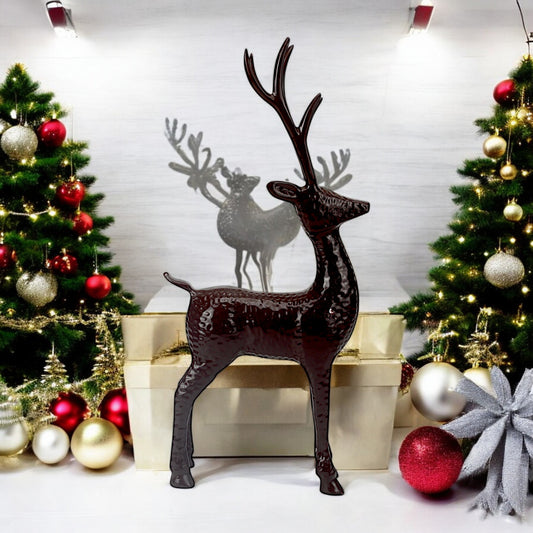 Dark Red Aluminum Handcrafted Minimalistic Reindeer on Base – Elegant Christmas Decor | Hind Decor