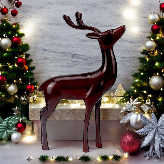 Dark Red Aluminum Handcrafted Minimalistic Reindeer on Base – Elegant Christmas Decor | Hind Decor