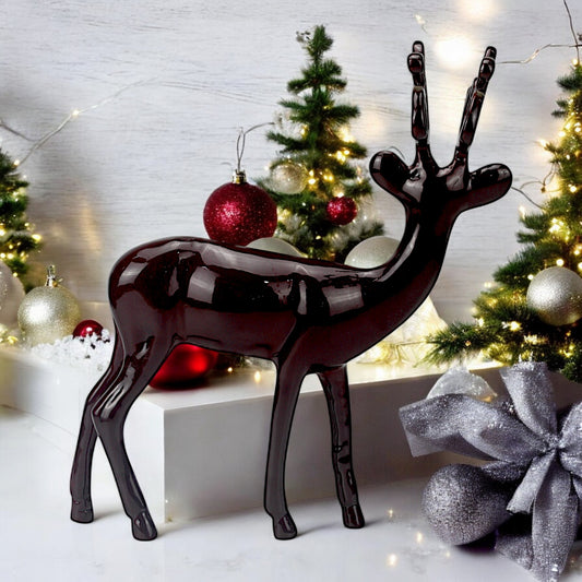 Dark Red Aluminum Handcrafted Minimalistic Reindeer on Base – Elegant Christmas Decor | Hind Decor
