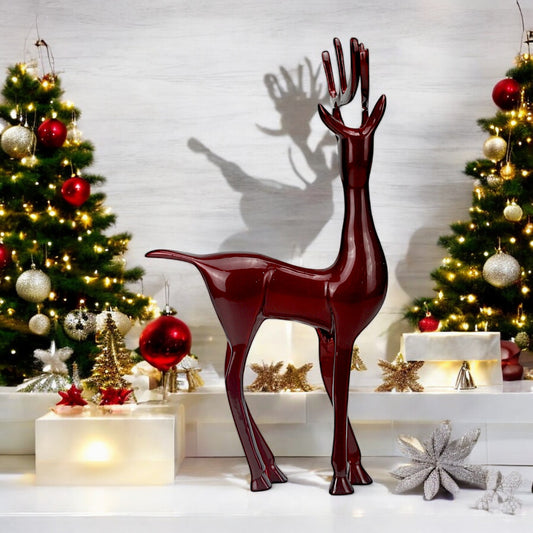 Dark Red Aluminum Handcrafted Minimalistic Reindeer on Base – Elegant Christmas Decor | Hind Decor