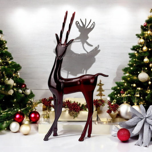 Dark Red Aluminum Handcrafted Minimalistic Reindeer on Base – Elegant Christmas Decor | Hind Decor