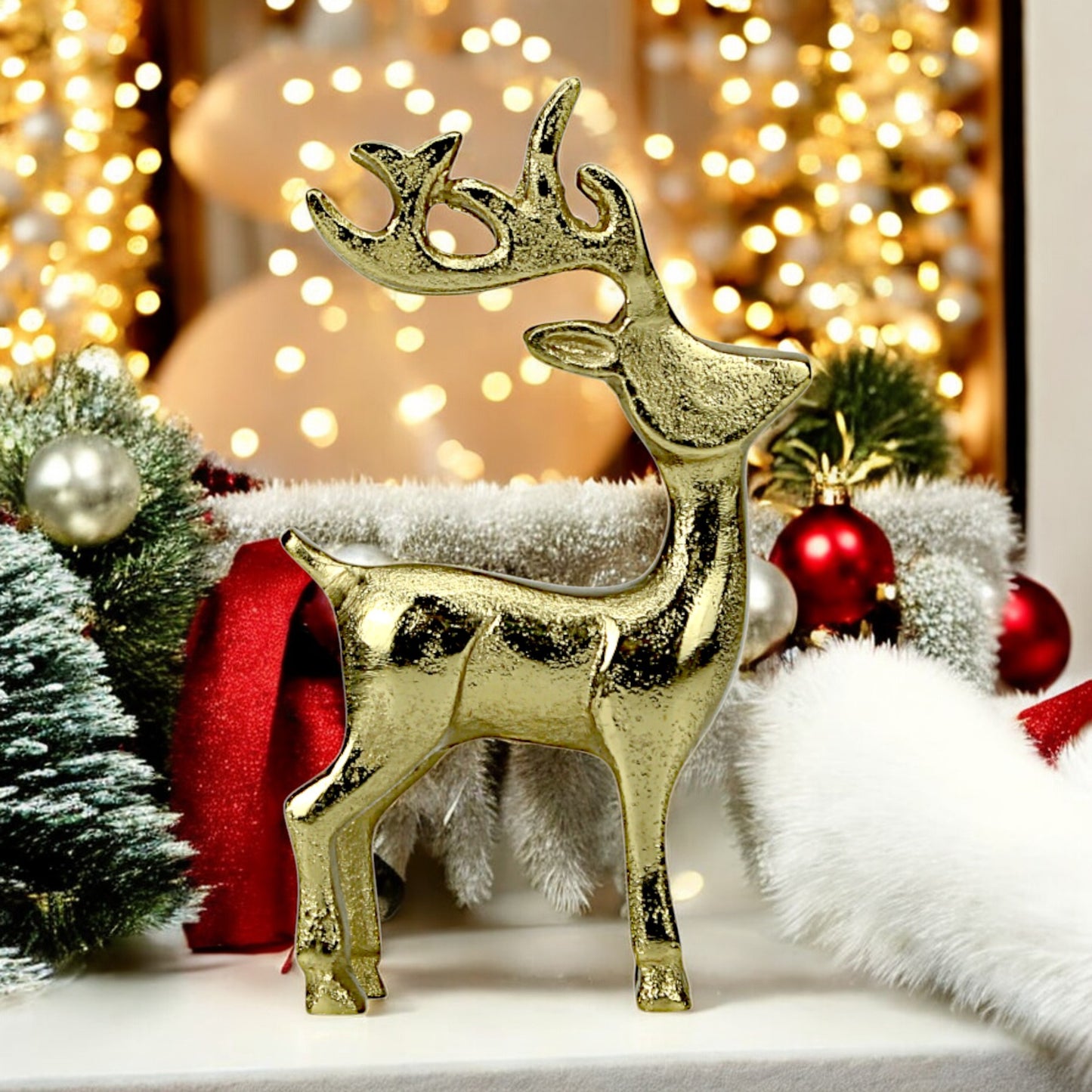 Golden Aluminum Handcrafted Christmas Minimalistic Standing Deer (Set of 2)