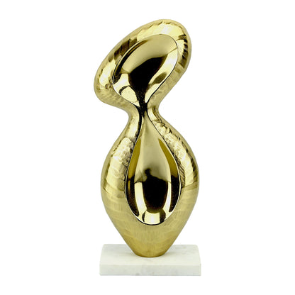 Golden Aluminum Abstract Sculpture: Handcrafted Art on White Marble Base