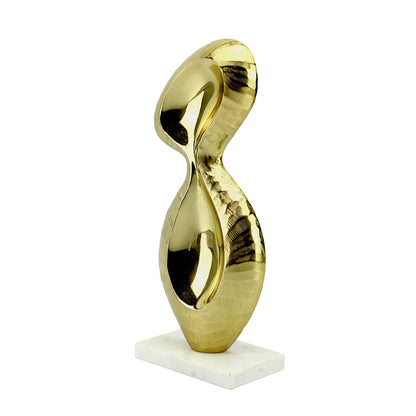 Golden Aluminum Abstract Sculpture: Handcrafted Art on White Marble Base